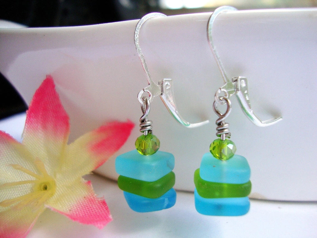 Triple Square Sea Glass Earrings - Light Blue/Green