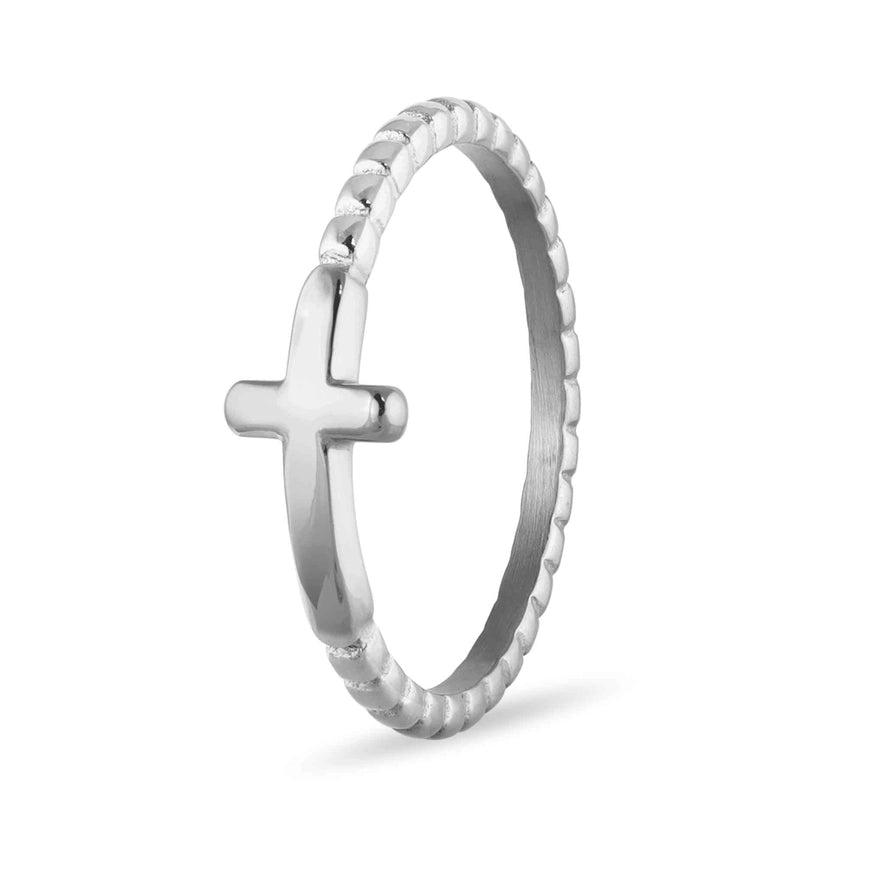 Stainless Steel Beaded Stackable Cross Ring - Stainless