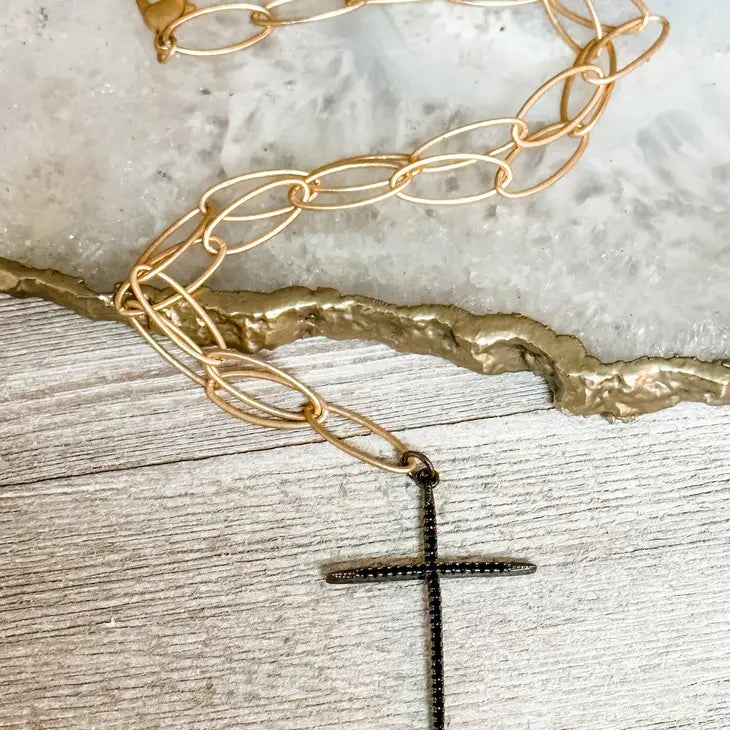 Micro Pave Cross with Matte Gold Eye Link Chain Necklace