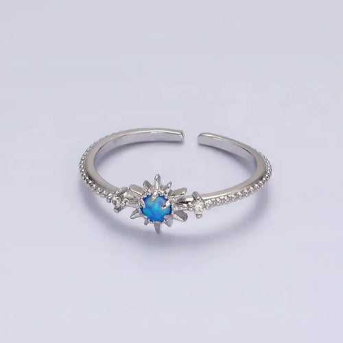 14K Gold Filled White, Blue Opal Celestial Star Micro Paved Dotted Ring - Silver