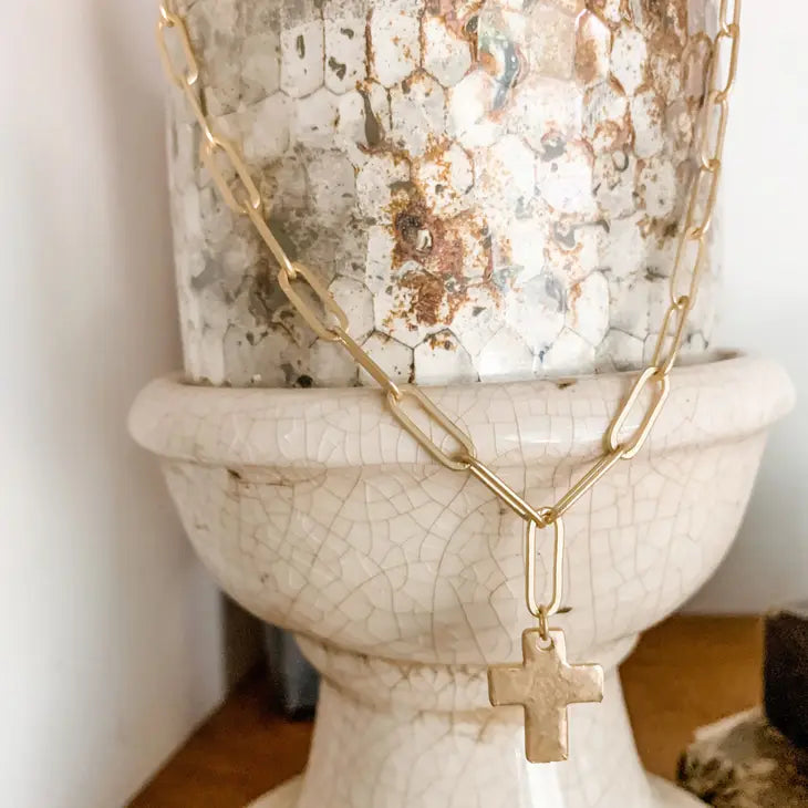 Matte Gold Cross with Gold Paper Clip Chain Necklace