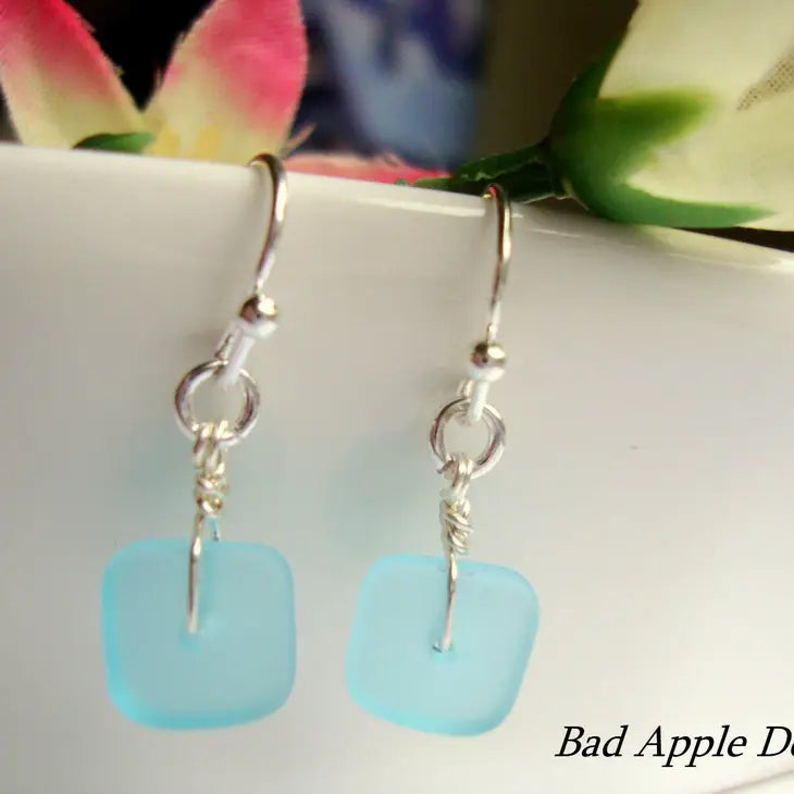 Single Square Sea Glass Earrings - Light Blue