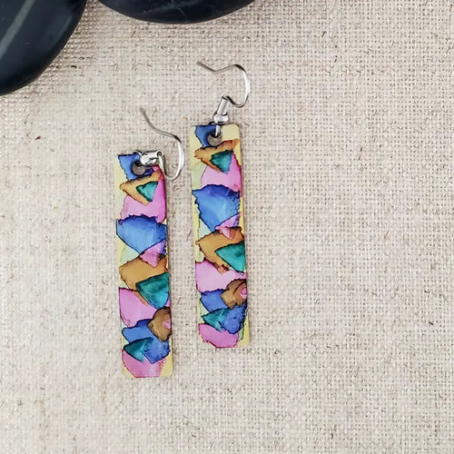Alcohol Ink Stainless Steel Thin Rectangle Earrings - Pinks