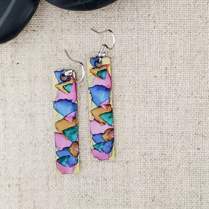 Alcohol Ink Stainless Steel Thin Rectangle Earrings - Pinks