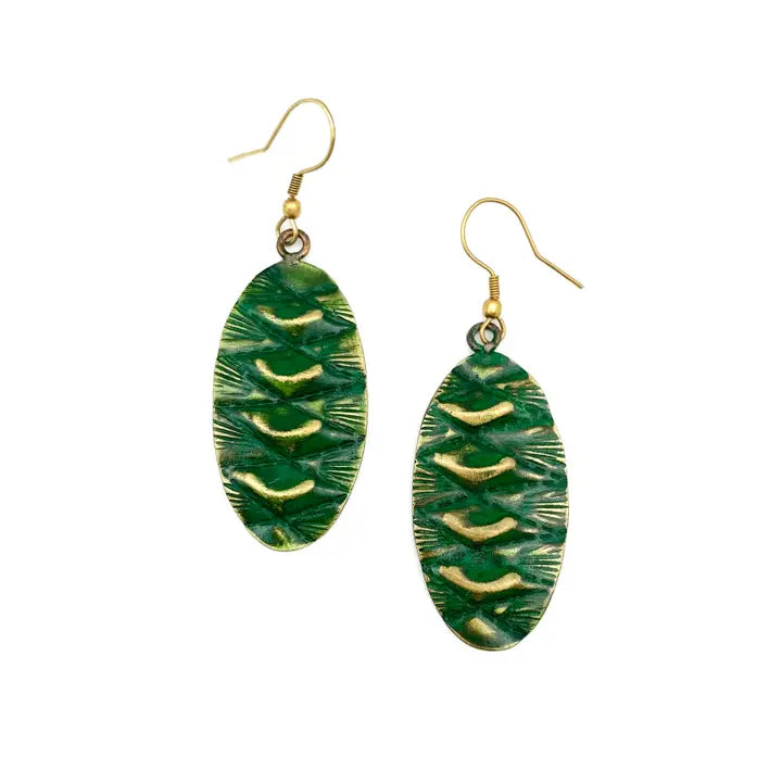 Brass Patina Earrings - Green Ovals with Diamonds and Moons