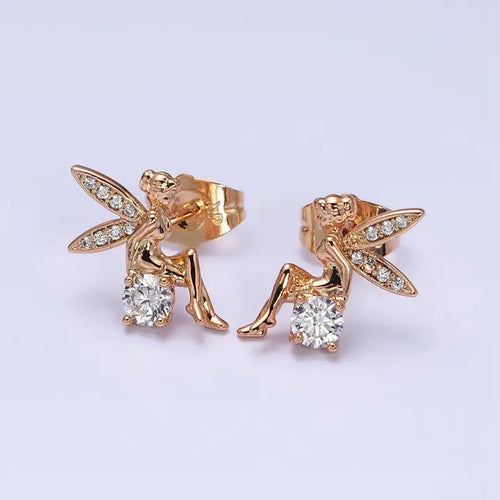 18K Gold Filled Fairy Wings Micro Paved Cubic Zirconia Stud Earrings