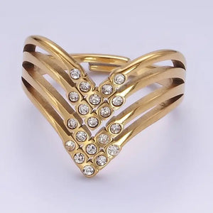 Stainless Steel Cubic Zirconia Micro Paved Dotted Multiple Band Chevron Ring