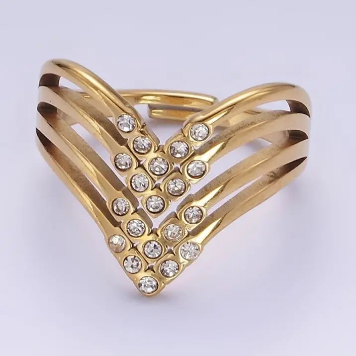 Stainless Steel Cubic Zirconia Micro Paved Dotted Multiple Band Chevron Ring