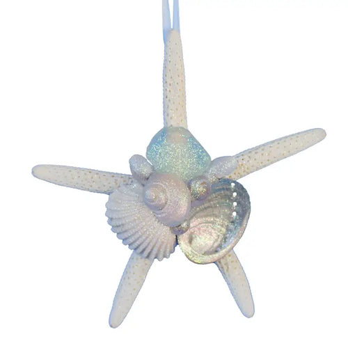Sea Glass White Finger Starfish Collage Ornament - White Sea Glass