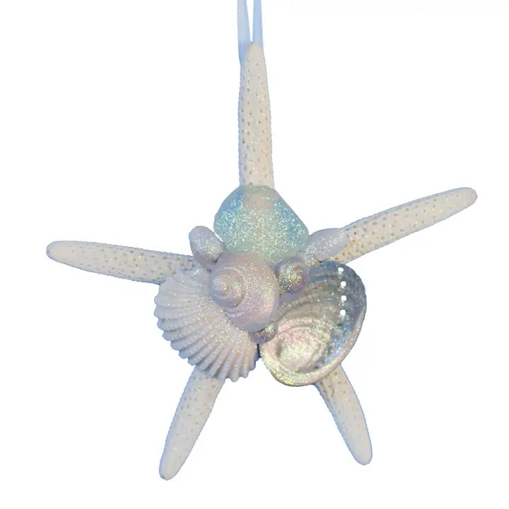 Sea Glass White Finger Starfish Collage Ornament - White Sea Glass