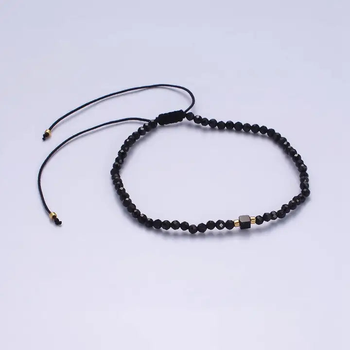 14K Gold Filled Onyx Multifaceted Black Rope Adjustable Friendship Bracelet