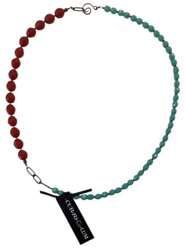 Red Faceted Round with Aqua in Black Czech Glass Side Clasp Necklace - 21