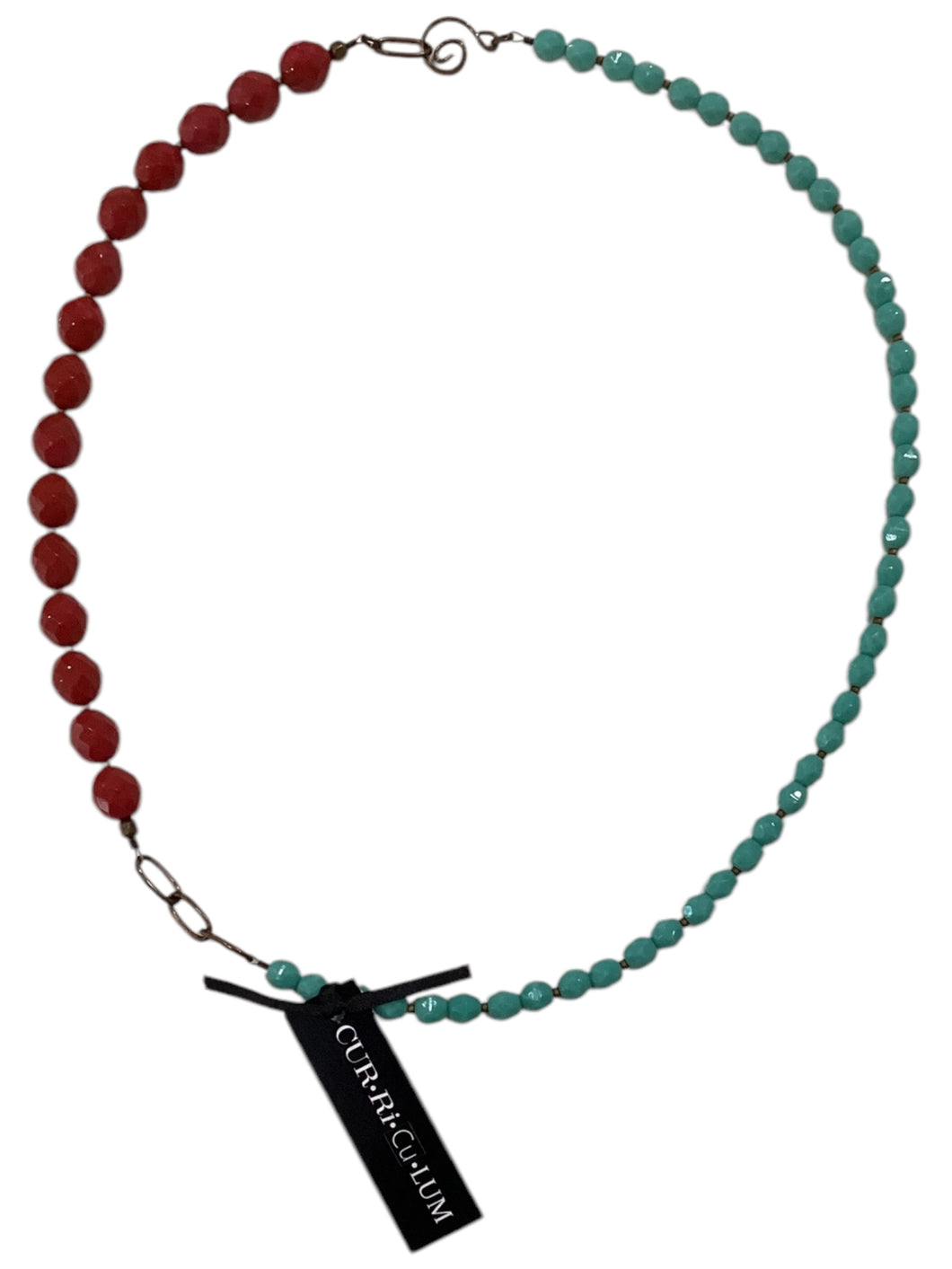 Red Faceted Round with Aqua in Black Czech Glass Side Clasp Necklace - 21