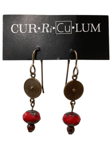 Red Czech Glass with Brass Shield Earrings