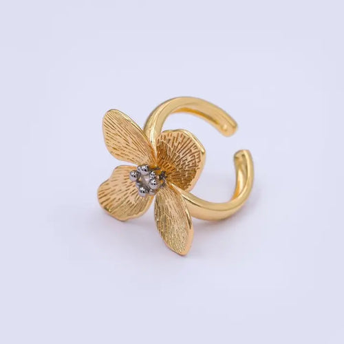 14K Gold Filled Clear Cubic Zirconia Line-Textured Flower Ring