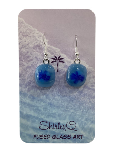 Small Dangle Earrings - Blue with Blue Flower