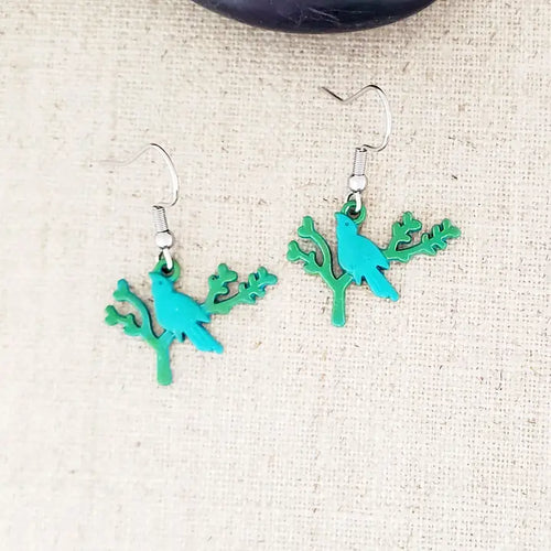 Brass Paint Patina Bird in A Tree Stainless Earrings