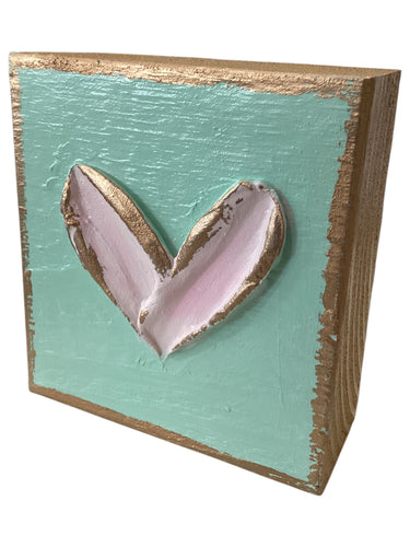 Heart Textured Wood Block - Pink Heart/Mint Green