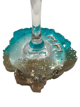 Beachy Wine Glass with Built-In Coaster - Aqua w/ Dolphins/Seashells
