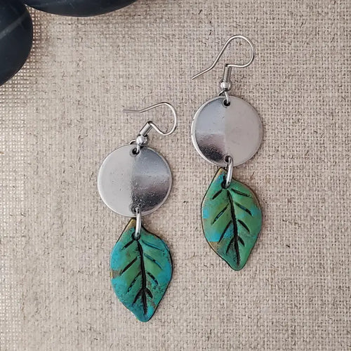 Brass Leaf Paint Patina with Stainless Connector Earrings