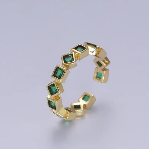 Chained Green Emerald Square Cubic Zirconia Gold Chain Ring