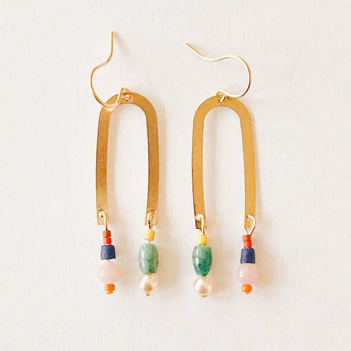 Turquoise Gem Brass and Fair Trade Arch Earrings with Beads