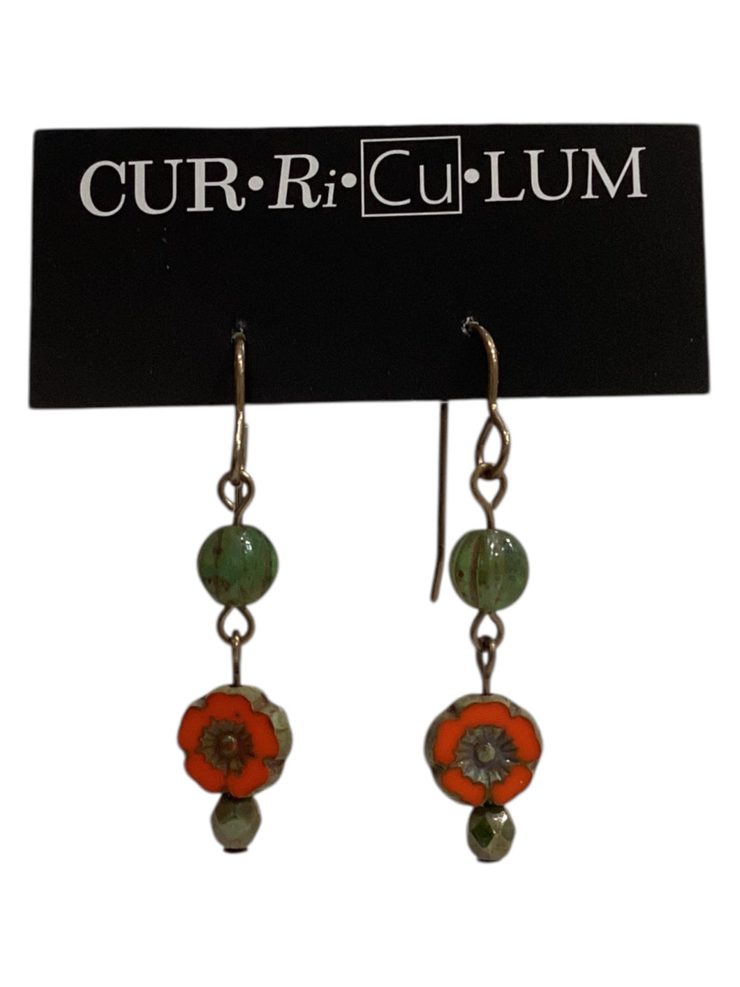 Orange Flower with Green Czech Glass Earrings