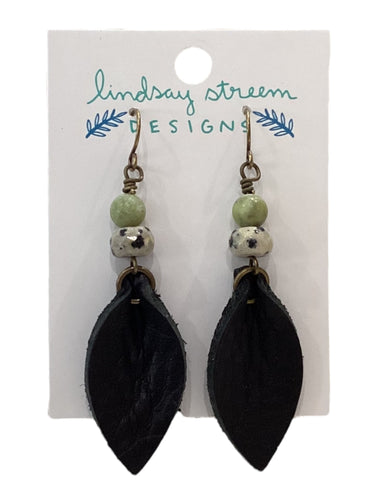 Black Leather Petal Earrings with Jasper