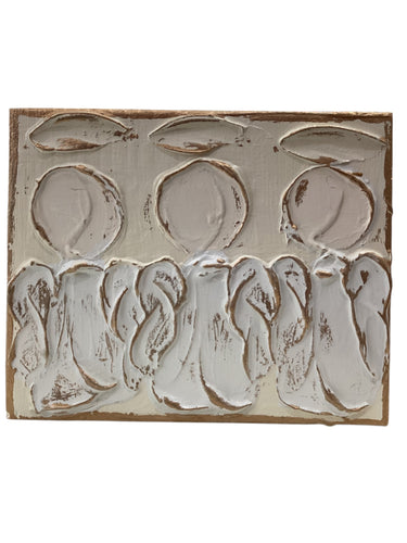 Angel Trio Hand Painted Textured Wood Block - Ivory