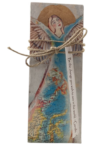 Small Wood Block Angel - Be the change you wish to see in the world. - Gandhi