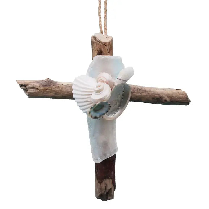 Driftwood Cross Ornament with Sea Glass - White