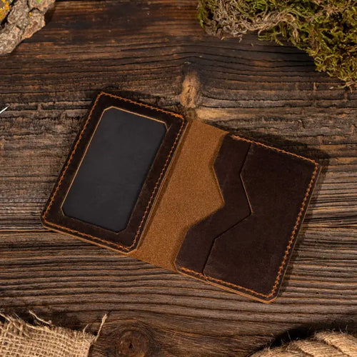 Genuine Leather Handmade Wallet with Id Window - Dark Brown