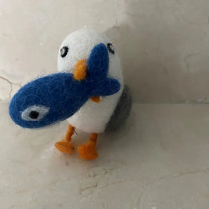 Felted Wool "Seagull Jeremy" W Blue Fish Ornament