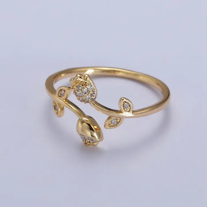 Micro Pave Thin Gold Rose Adjustable Ring