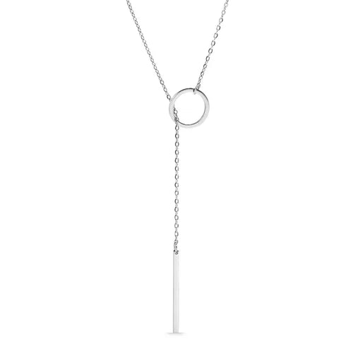 18K Gold PVD Stainless Steel Lariat Necklace Circle with Drop Bar - Stainless