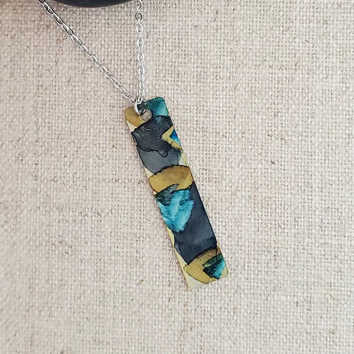 Alcohol Ink Stainless Steel Thin Rectangle Necklace - Black