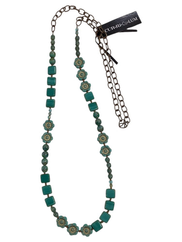 Teal Wild Rose and Mixed Teal Czech Glass Necklace