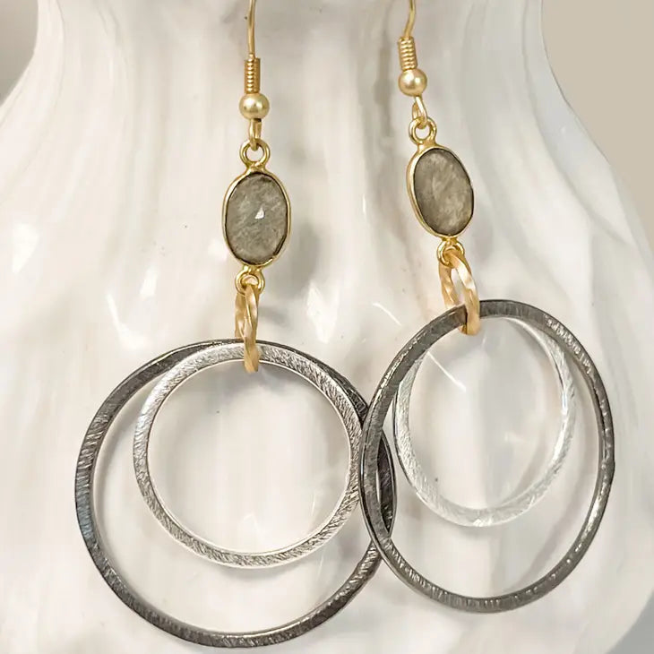 Double Ring Earrings of Gunmetal and Silver with Gold Labradorite Bezel Connector