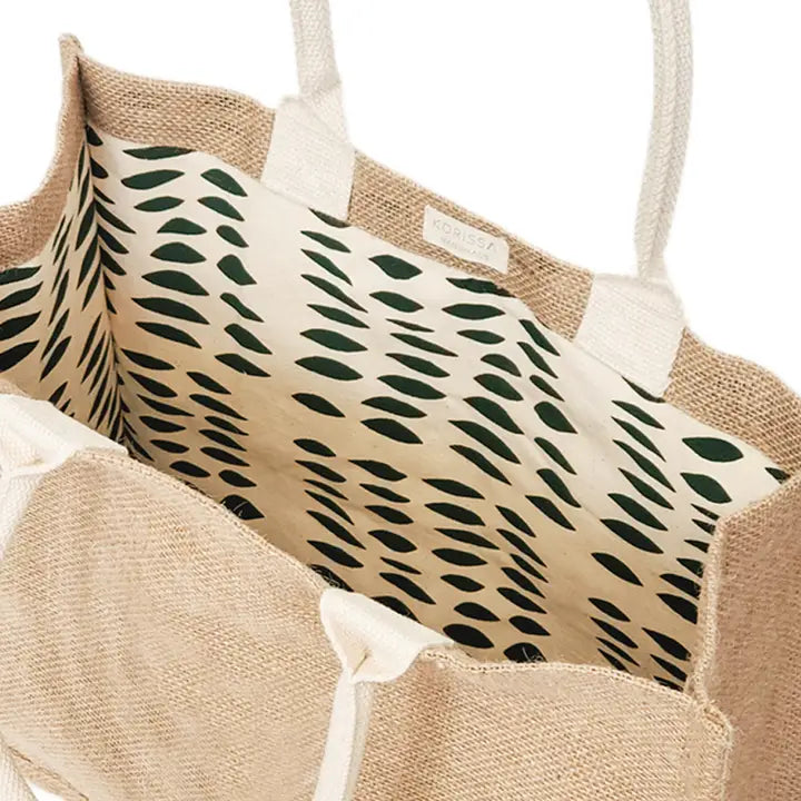 Burlap Jute Canvas Tote with Pompom - Green