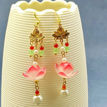 Chinoiserie Glass Lotus & Agate Earrings - 14k Gold Plated