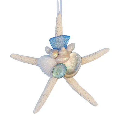 Sea Glass White Finger Starfish Collage Ornament - Light Blue Sea Glass
