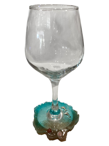 Beachy Wine Glass with Built-In Coaster - Aqua w/ Dolphins