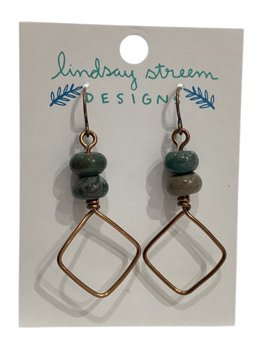 Bronze Square Hoop Earrings with Silver Leaf Jasper
