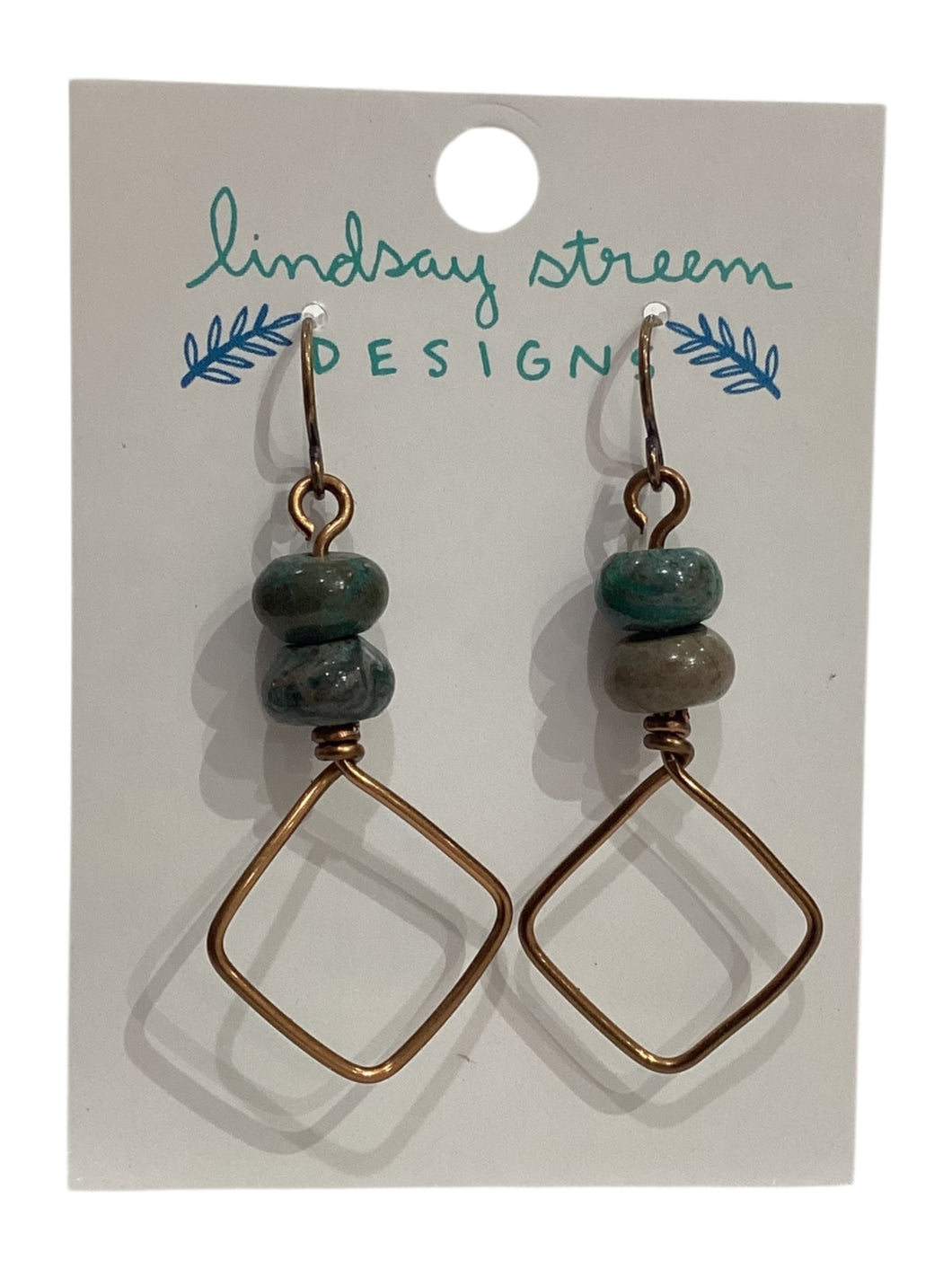 Bronze Square Hoop Earrings with Silver Leaf Jasper
