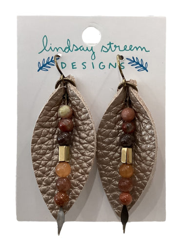 Leather Leaf Earrings with Stones - Champagne & Jasper