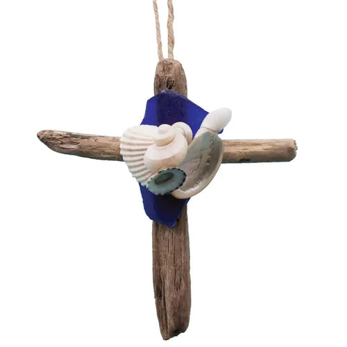 Driftwood Cross Ornament with Sea Glass - Dark Blue