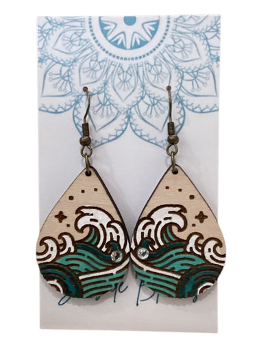 Beach Waves Ocean Earrings with Gem