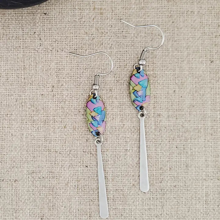 Alcohol Ink Stainless Steel Thin Drop Earrings - Pinks