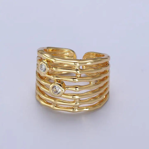 Gold Wide Multiple Bamboo Geometric Cubic Zirconia Band Statement Ring