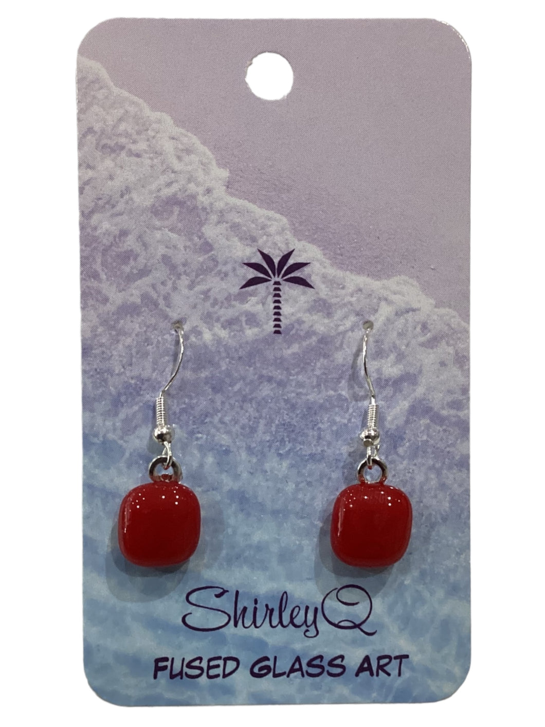 Small Dangle Earrings - Red Glass Square